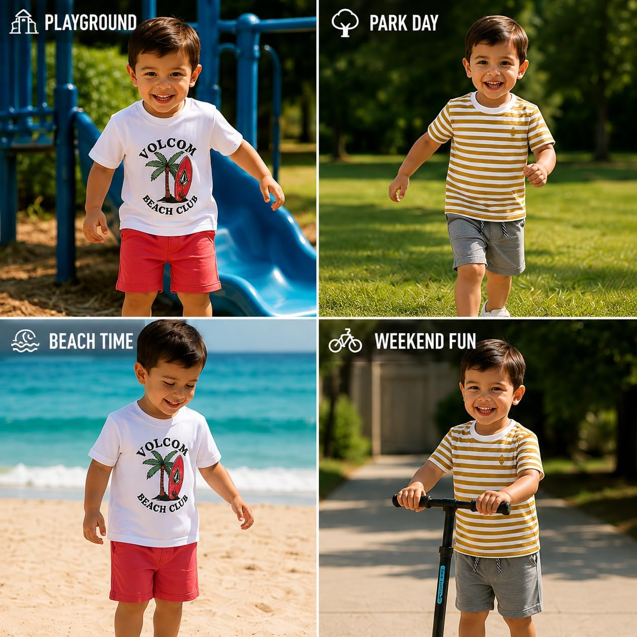 Volcom Baby Boys Shorts Set - 4 Piece Soft Cotton Blend Graphic Short Sleeve T Shirts and Boys Shorts for Infant and Toddler