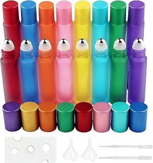 16 Piezas Roll On Botellas de Aceite Esencial, 10ml Botellas de Cristal Rellenables con Bolas de Acero Inoxidable, Perfectas para Aromaterapia, Perfumes y Masajes