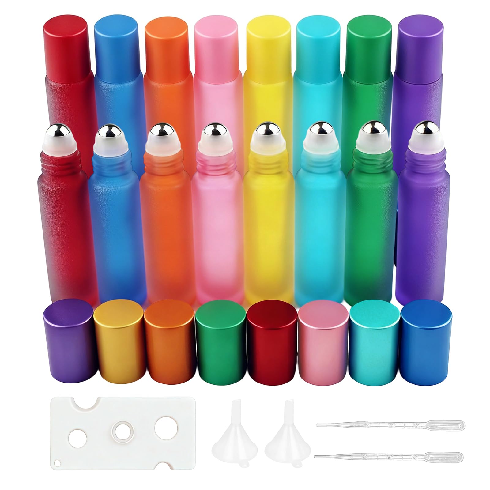 Bottiglie Flaconcini Vuoti per Oli Essenziali, 16 Pz 10ml, Flaconi in Vetro Satinato Colorato con Sfera in Acciaio Inossidabile, Perfetti per Aromaterapia, Profumo e Massaggio