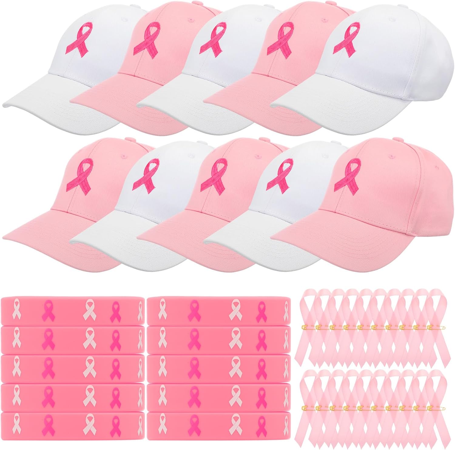 Vicenpal 40 Pack Breast Cancer Awareness Accessories Bulk Include Pink Ribbon Baseball Hat, Breast Cancer Silicone Bracelets, Pink Ribbon Pins for Women Party Supplies