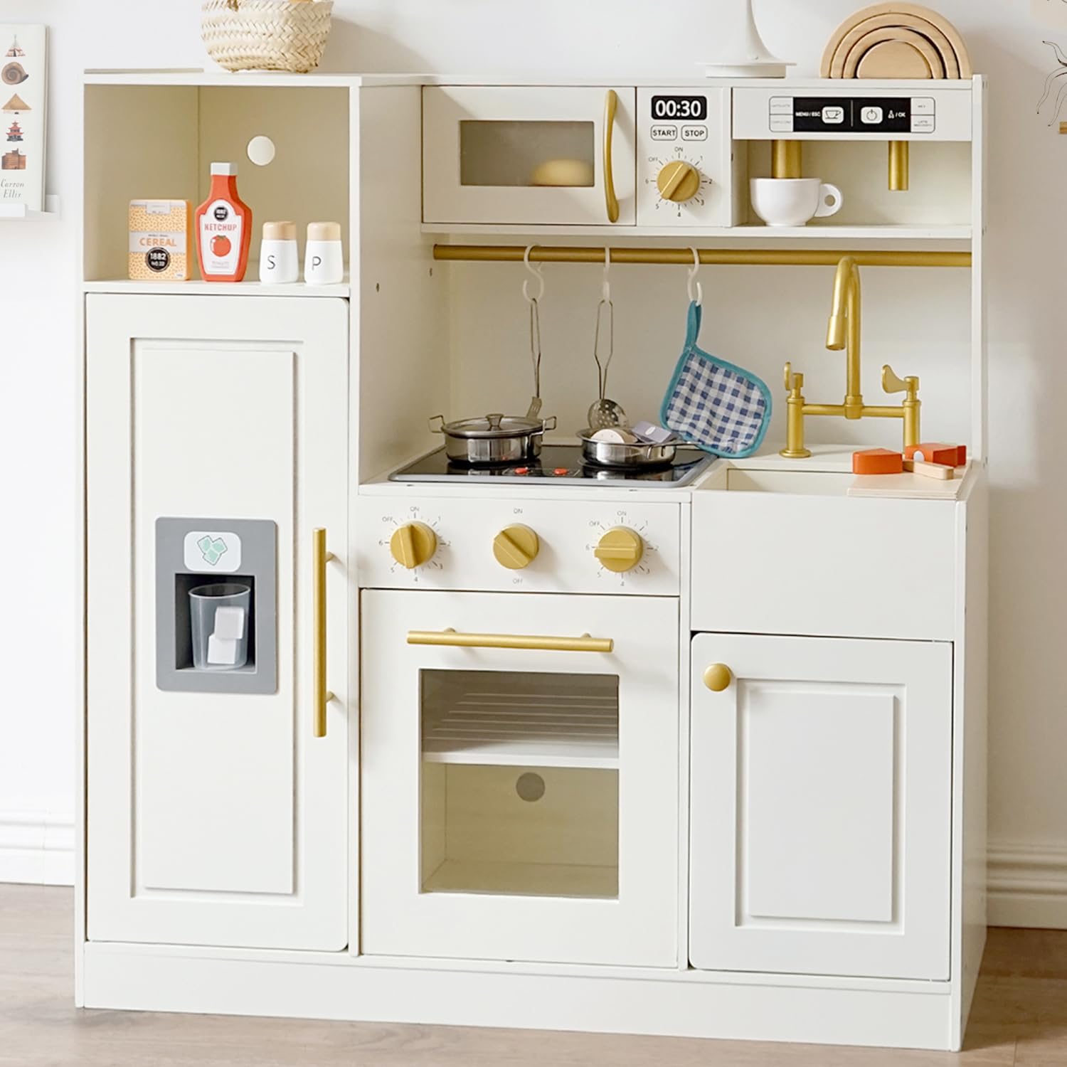 inFUNSAME Kids Wooden Play Kitchen with Real Lights and Sounds and 14 Fun Toddler Kitchen Accessories, Toy Kitchen Playset for Boys and Girls Ages 3+