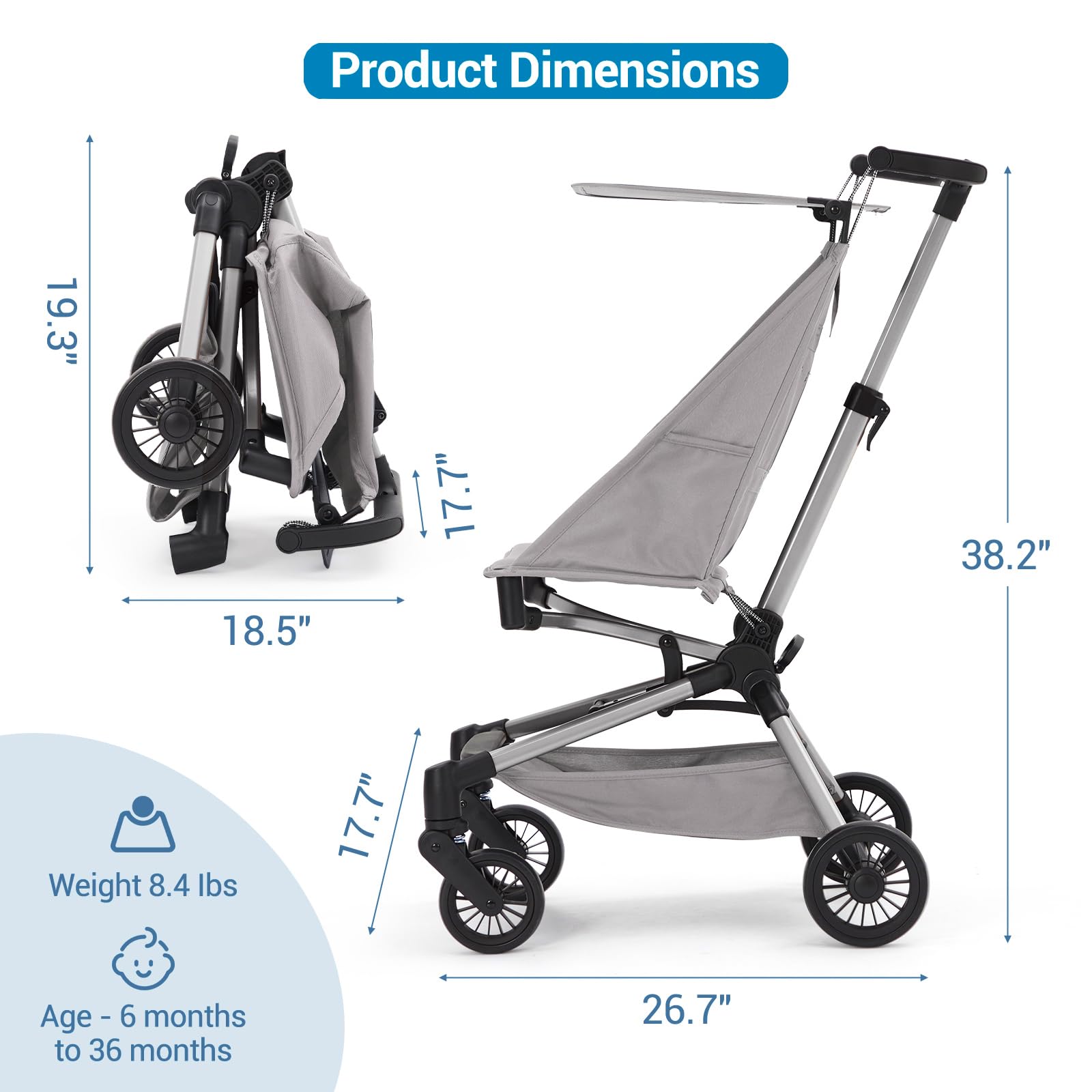Garvee Poussette Canne Ultra Légère - Poussette Bébé Compacte <10 LBS Pour Avion Avec Sac De Transport, Pliable à Une Main, Canopée Réglable, Roues 360°, Harnais 3 Points, Poussette Voyage 6-36 Mois
