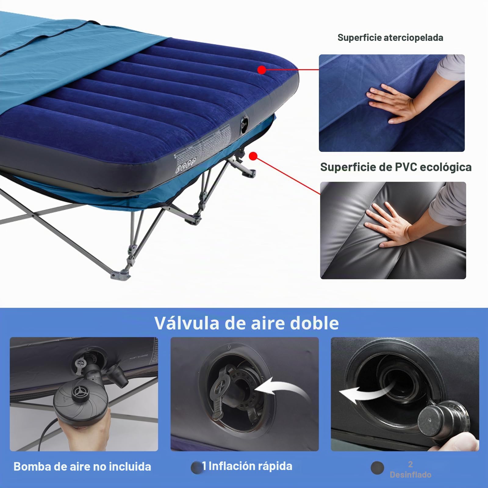 KAMPKEEPER Cama de Camping, Camas de Camping para Adultos, Cama Plegable con colchón Hinchable y Bolsa de Transporte, No Incluye Bomba de Aire (Azul, 2 Personas)