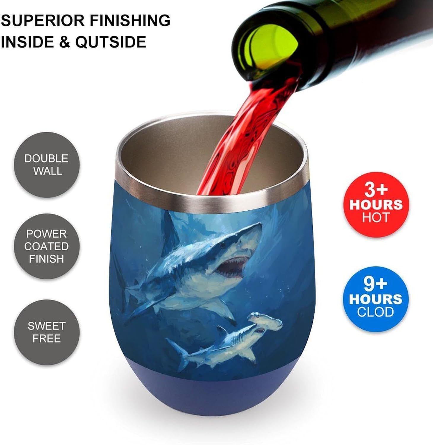 Hammerhead Shark in Deep Sea Insulated Drinking Cup Stainless Steel Coffee Mug Wine Tumbler with Lid 12OZ