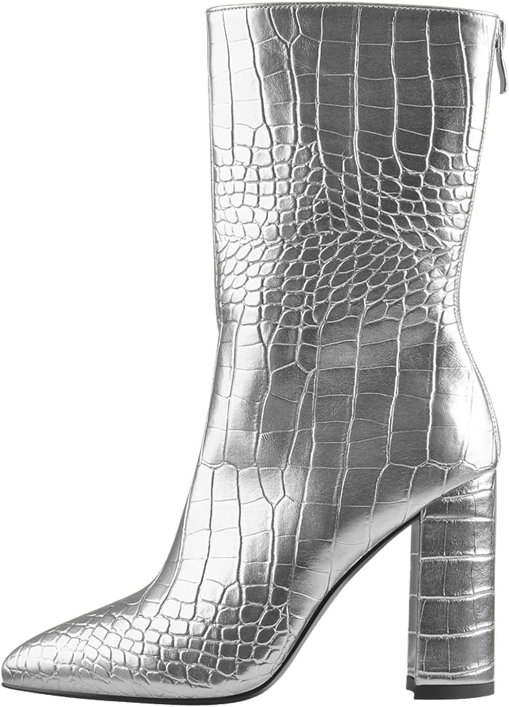 LISHAN Women's Snakeskin Chunky 4in Heel Crocodile Pull On Mid Calf Boots