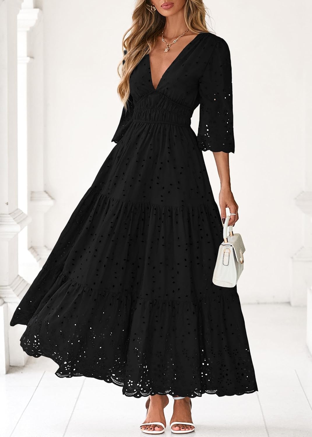 Lazysmile Long Sleeve Dresses for Women V Neck Hollow Out Eyelet Ruffle Swing A-Line Fall Vacation Boho Maxi Dress - Image 5