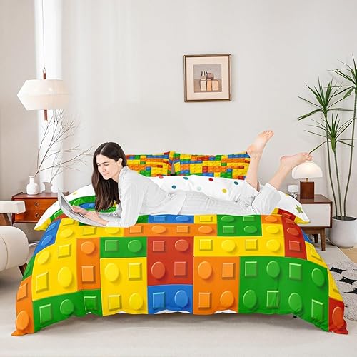 Miniatura 3 de Feelyou Juego de ropa de cama de bloques de construcción para niños, juego de funda de edredón geométrica rectangular, juego de funda de edredón