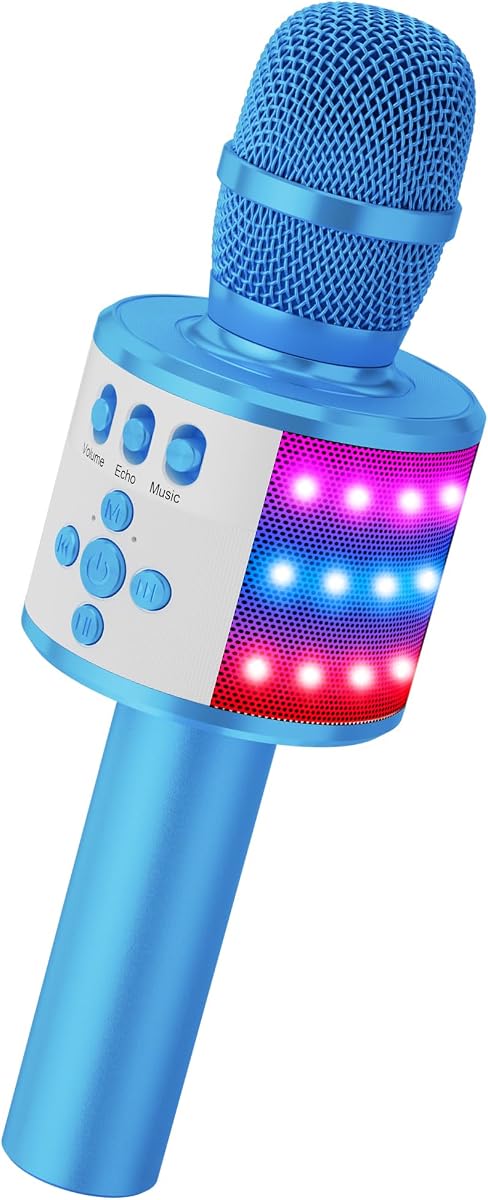 BONAOK Micrófono de karaoke para niños y adultos - Micrófonos Bluetooth Micrófono de canto con luces de discoteca, efecto eco, altavoz incorporado Reproductor de karaoke portátil para regalos de viaje de fiesta Q78 (azul)
