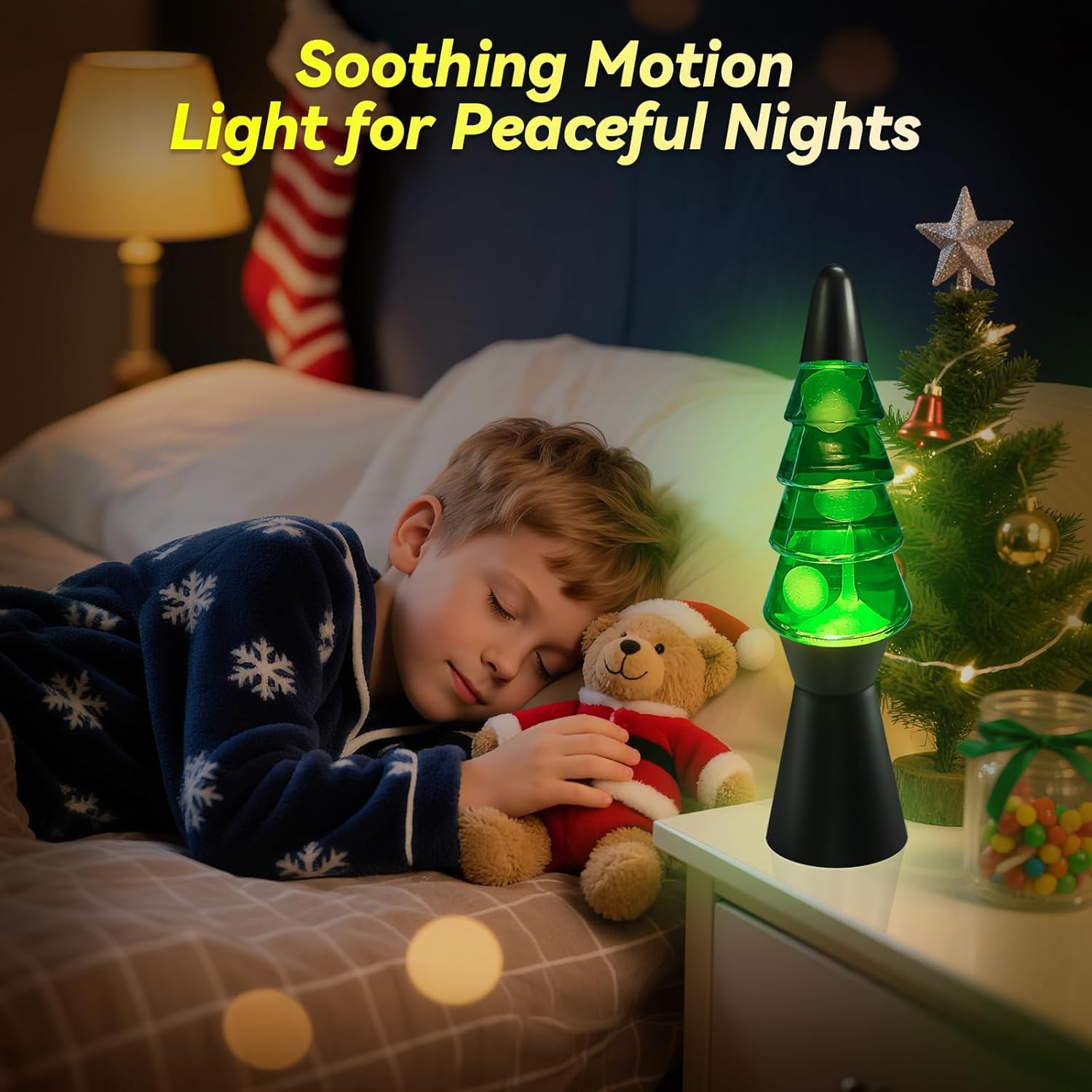 Liquid Motion Lamp Tree Mood Lighting Night Light Green Water & White Wax 13.5 Inch Relaxing Motion Lamp with Bulb for Kids & Adults Small Novelty Table Lamp for Christmas Decorations Indoor, Black