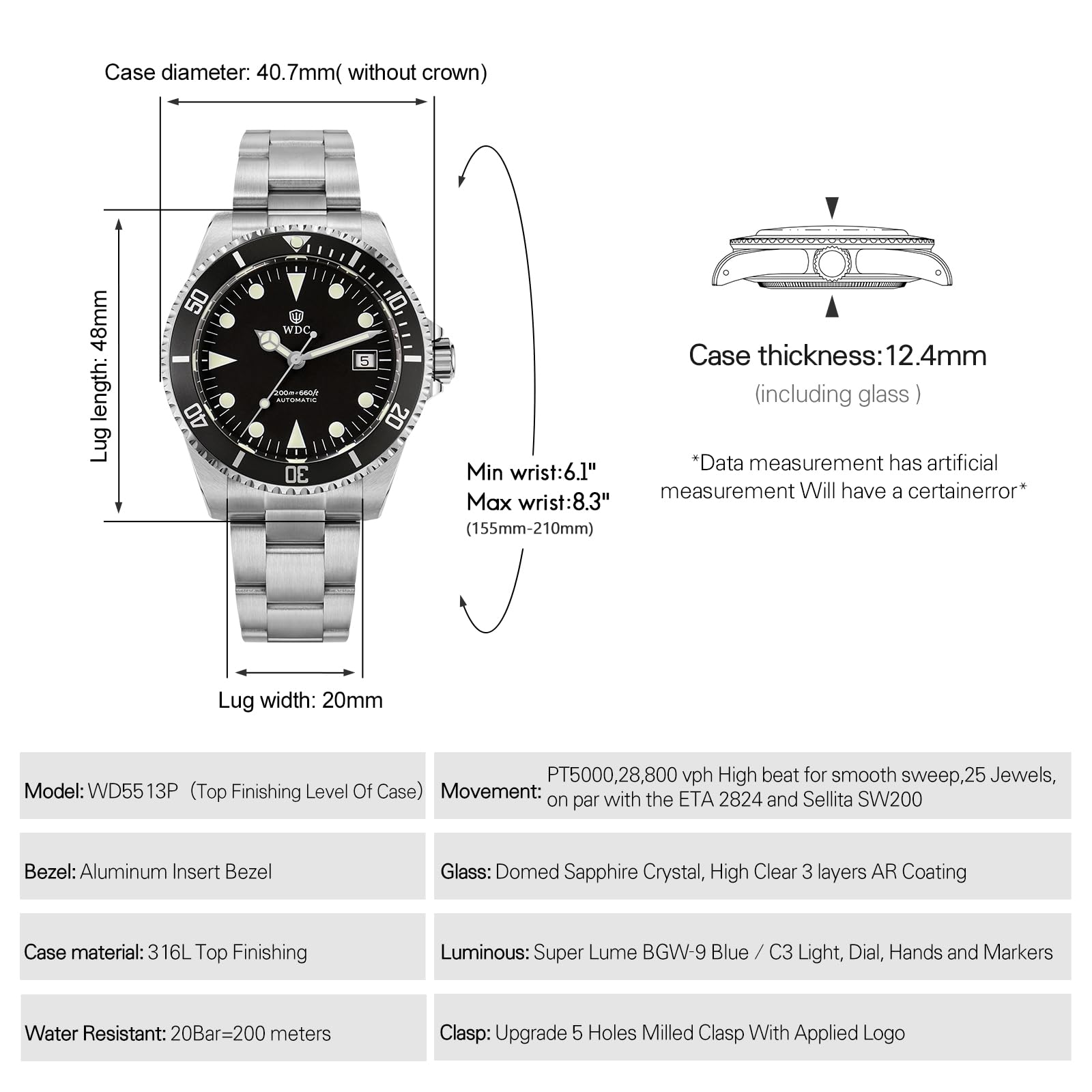 watchdives WD5513P Vintage Sub Taucheruhr für Herren, PT5000 PT5004 Automatik Mechanische Luxus Taucheruhren, 40,7 mm Gewölbtes Saphirglas Armbanduhr, 20 Bar wasserdichte Taucheruhr