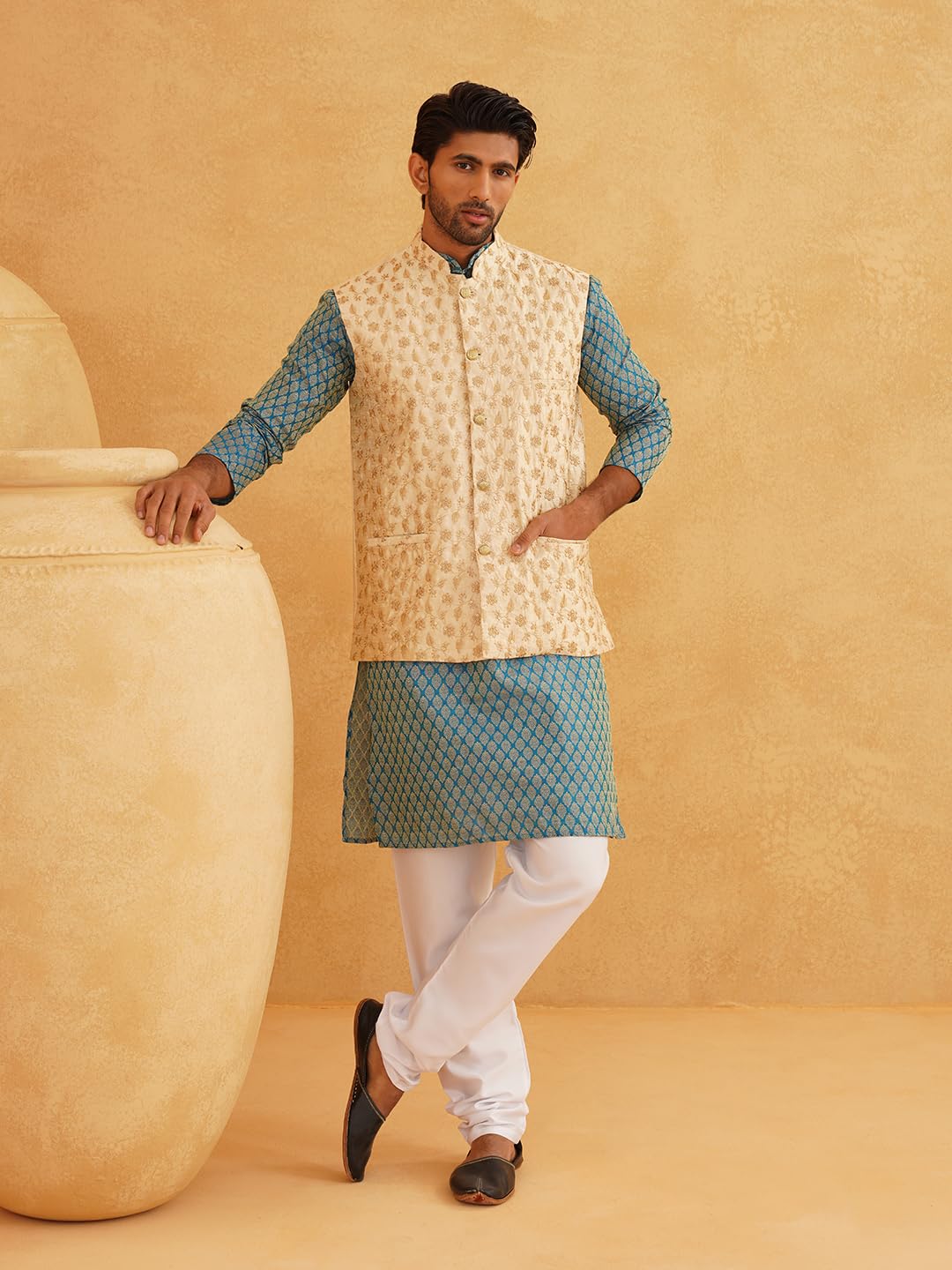 Sojanya (Since 1958 Men's Silk Blend Pblue Kurta & Cream Pyjama With Beige Embroidered Nehrujacket