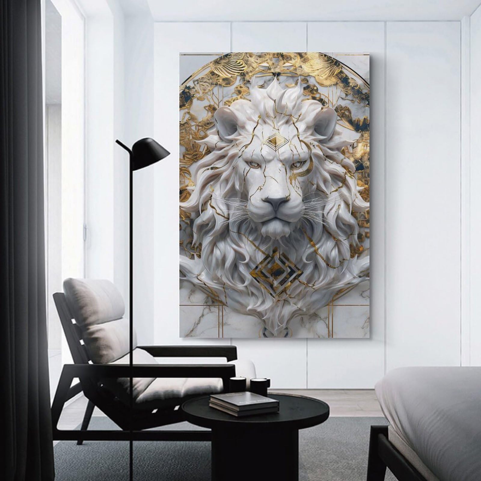 Junmoney Unframe-Style Marble Lion With Golden Accents Hanging Wall Art, 12X18inch(30X45cm), For Bedroom Decor, Cosy Corners Or Studios, An Easy Wall Refresh For Bedrooms