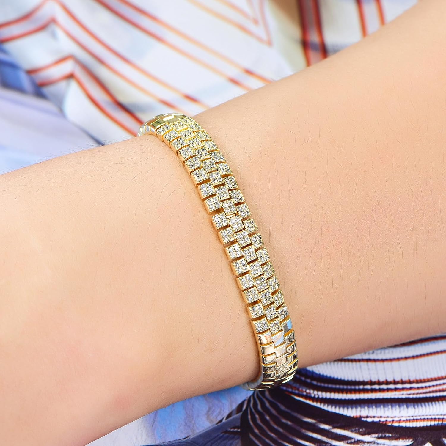 Kose Cuban Link Bracelet for Men Women | 14K Gold/White Gold Plated Chain Wrist Bracelets Pave Cubiz Zriconia,7.5 inch Length - Image 2