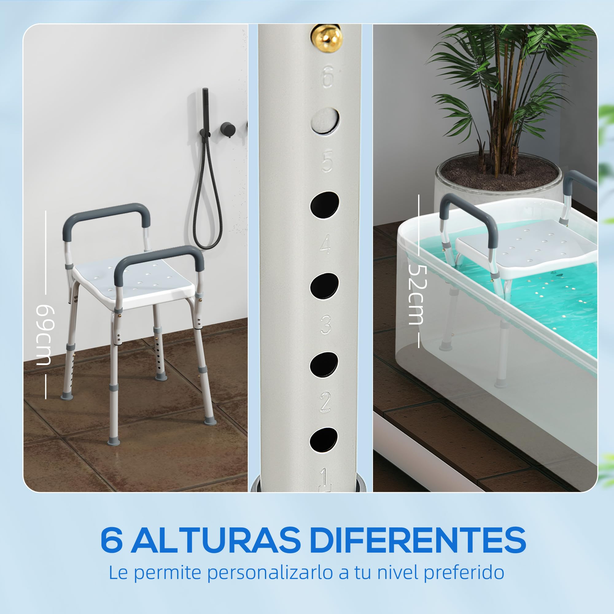 HOMCOM Taburete de Ducha Silla Ducha Personas Mayores con Altura Regulable Silla para Ducha de Aluminio Antideslizante Carga 150 kg para Ancianos y Discapacitados