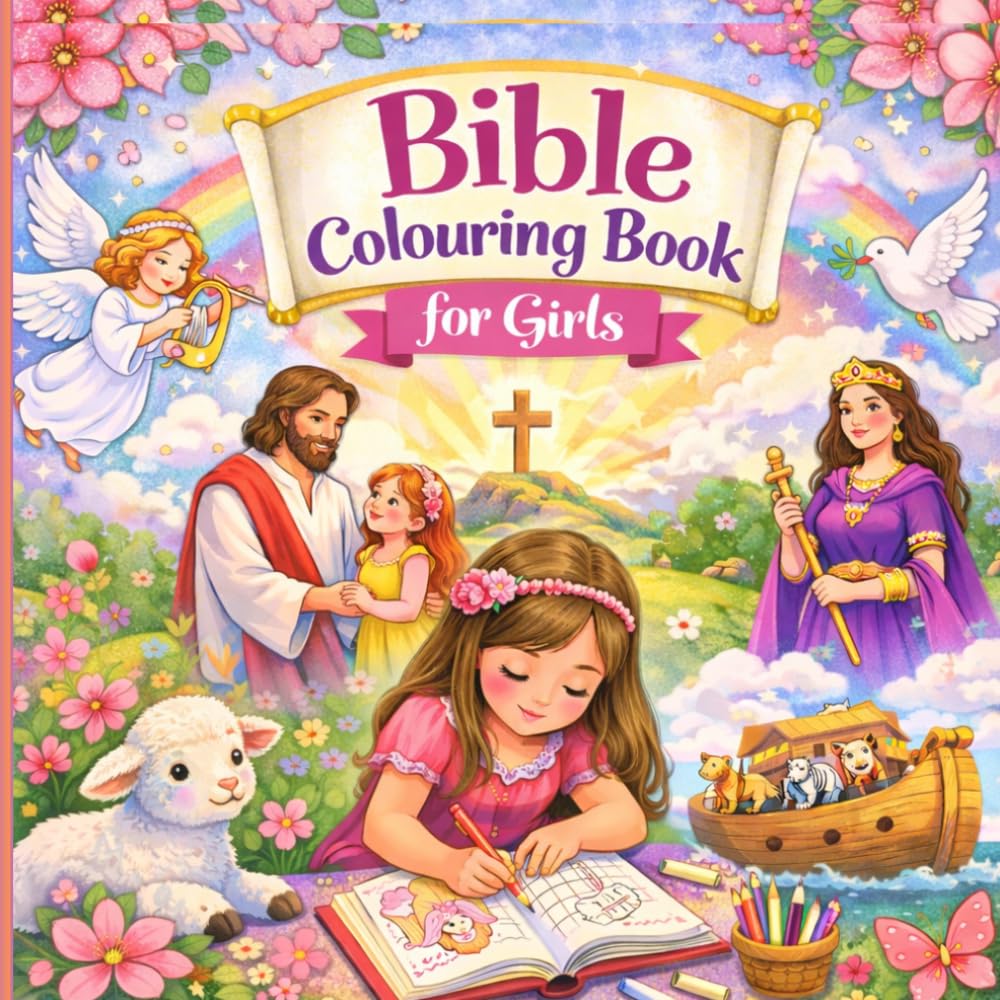 Bible Colouring Book for Girls: Cute Christian Coloring Pages for Kids | Easy Bible Stories, Jesus, Angels, Noah’s Ark & Faith-Filled Fun