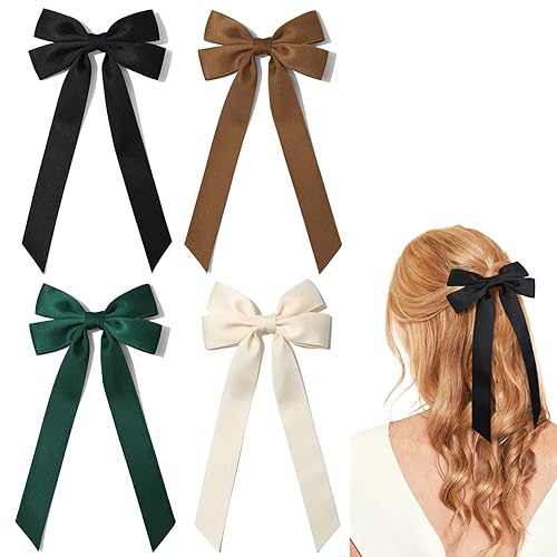 4 lazos de satén sedoso para el cabello, pinzas de cinta para el cabello negro para mujeres, soporte para cola de caballo, accesorios para el