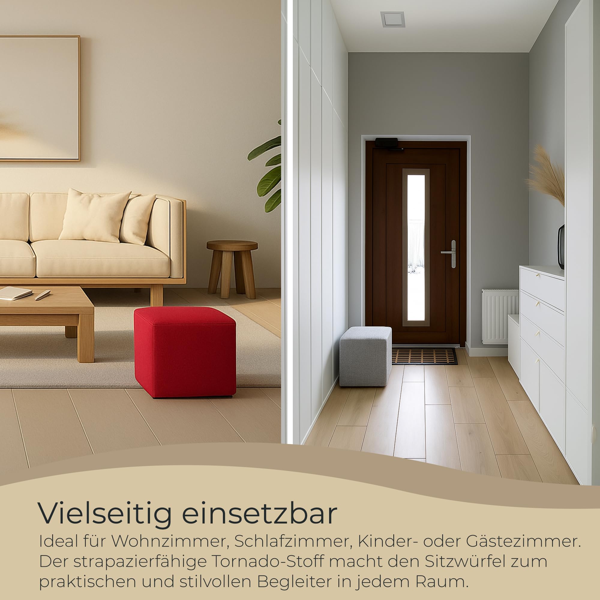 Hocker Wohnzimmer Sitzhocker - Quadratisch 40 x 40 cm - Sofahocker - Tornado Stoff - Grau