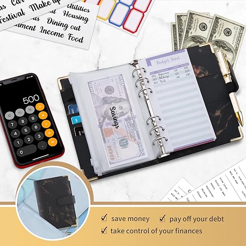 Vista 6 de Onlyesh Budget Binder, Cash Envelopes for Budgeting, Money Organizer for Cash, 28Pcs Budget Binder with Cash Envelopes, Marble 6-Ring Money Saving