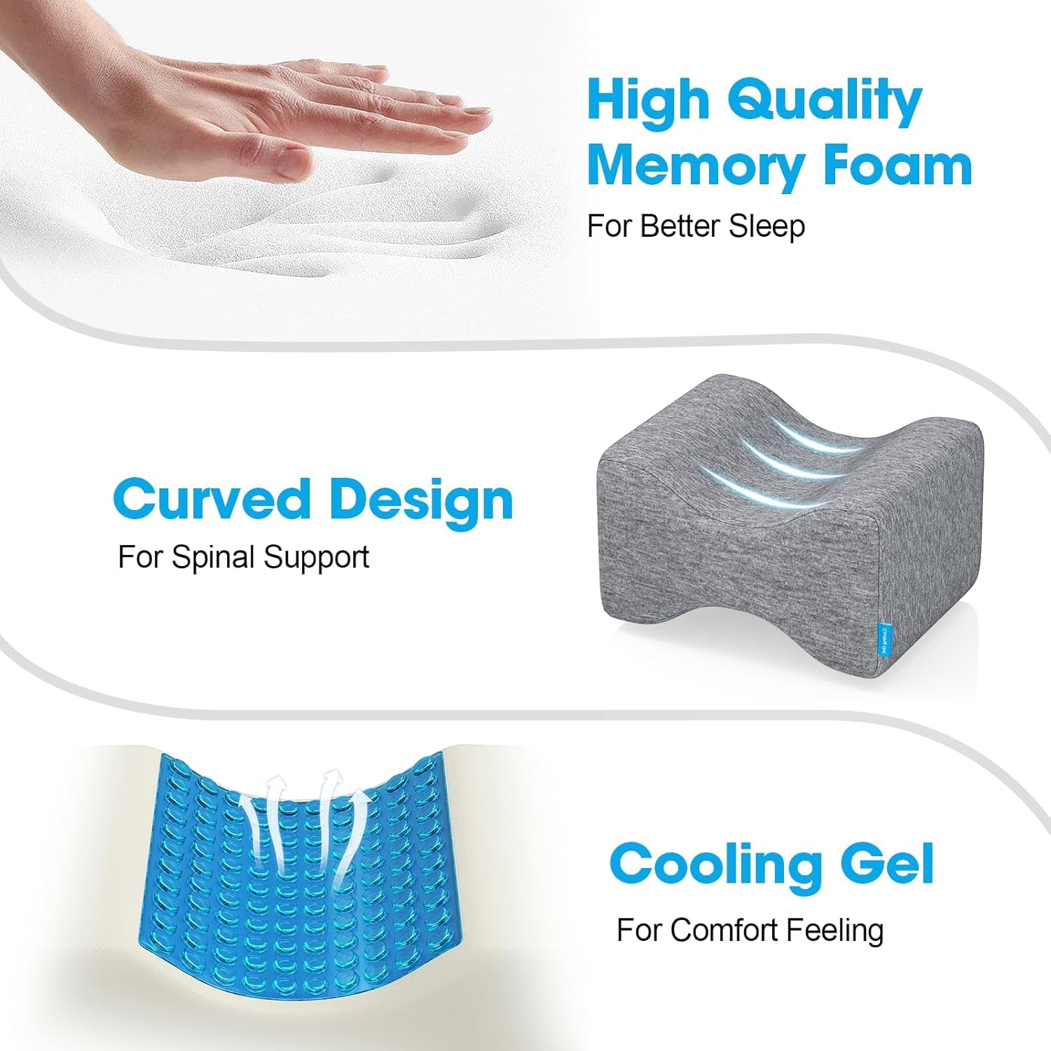 Knee Pillow for Side Sleepers with Cooling Gel, Memory Foam Elevation Pillow for Spine Aligning, Sciatica, Back, Hip, Knee, Ankle Pain, Grey/Regular - Image 4