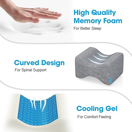 Miniatura 4 de Knee Pillow for Side Sleepers with Cooling Gel, Memory Foam Elevation Pillow for Spine Aligning, Sciatica, Back, Hip, Knee, Ankle Pain, Grey/Regular