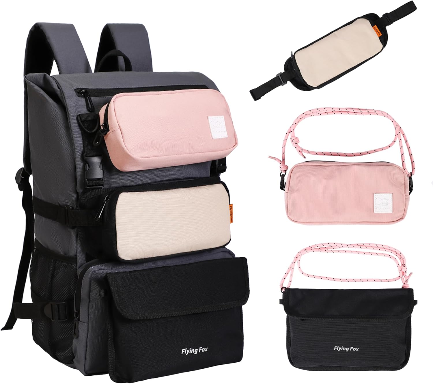 FLYINGFOX 30L Travel Backpack for Women & Men，with 3 Detachable Crossbody Bags，Personal Item Pouch Waterproof Backpack Fits 18" Laptop