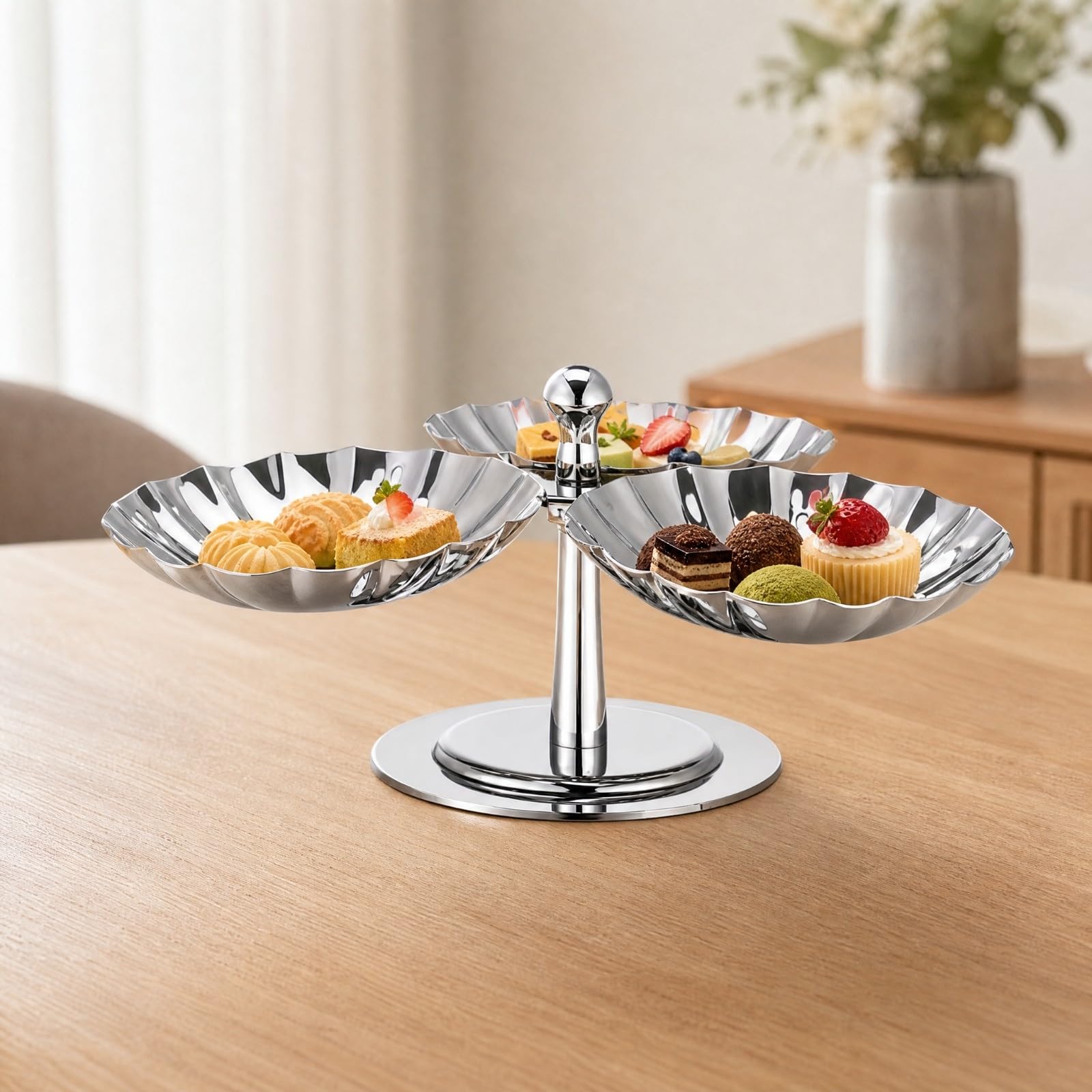 Milageto Plat Trnant Bord Ajré En Pétale Rotatif Plat Trnant à Desserts Polyvalent à Glace sur Pied pr Fêtes