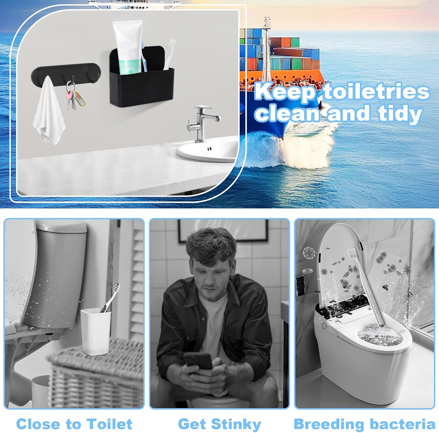 Magnetic Wall-Mounted Toothbrush Holder with Magnetic Hooks for Cruise ，Cruise Ship Essentials 2026- No Drilling Needed for Royal Caribbean & Alaska Cruise Ships, Caribbean Royal Must-Haves(Black)