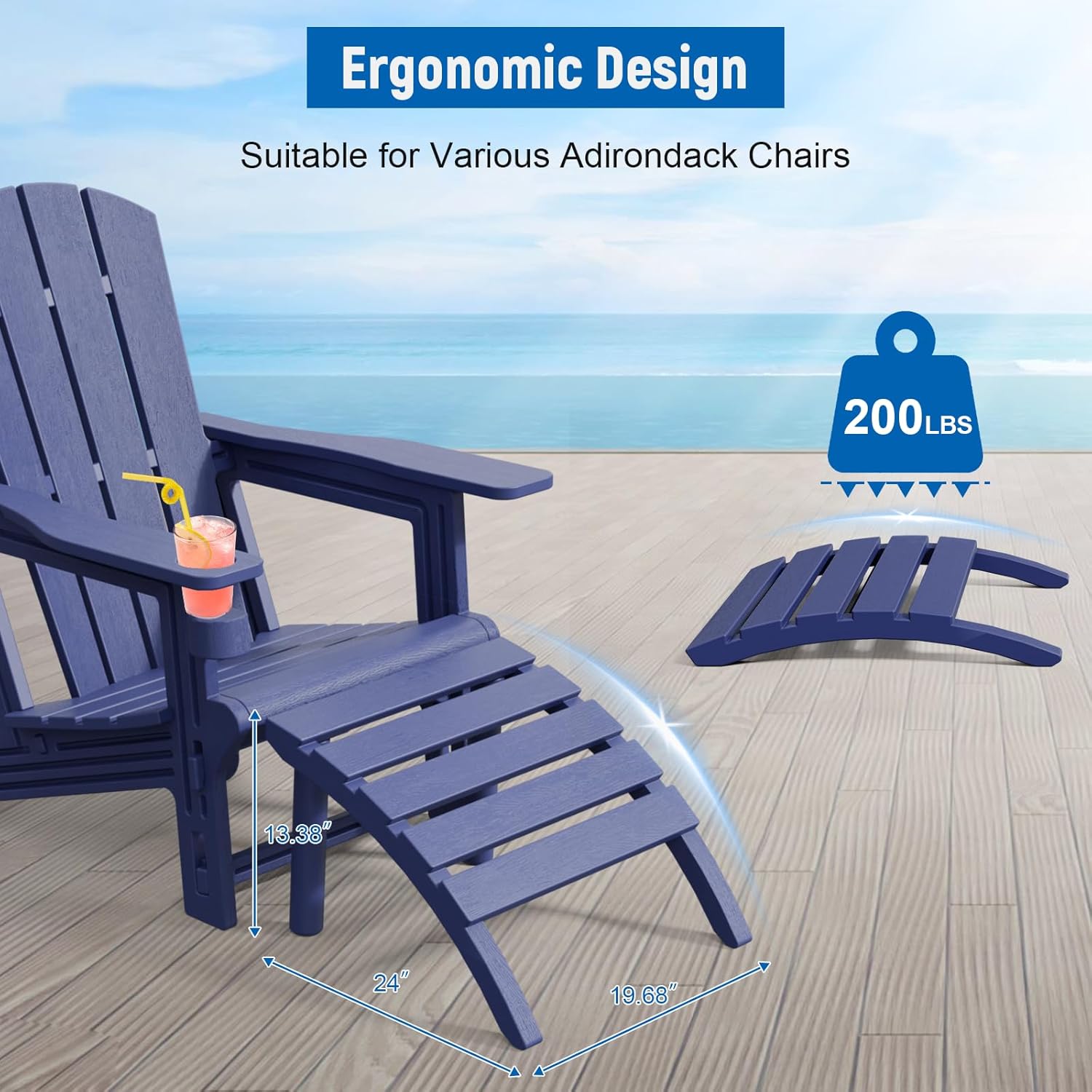 FONTOI Adirondack Ottoman, HDPE Plastic Adirondack Chair Footstool, All Weather Outdoor Footrest for Patio, Backyard, Lawn, Fire Pits, Navy Blue