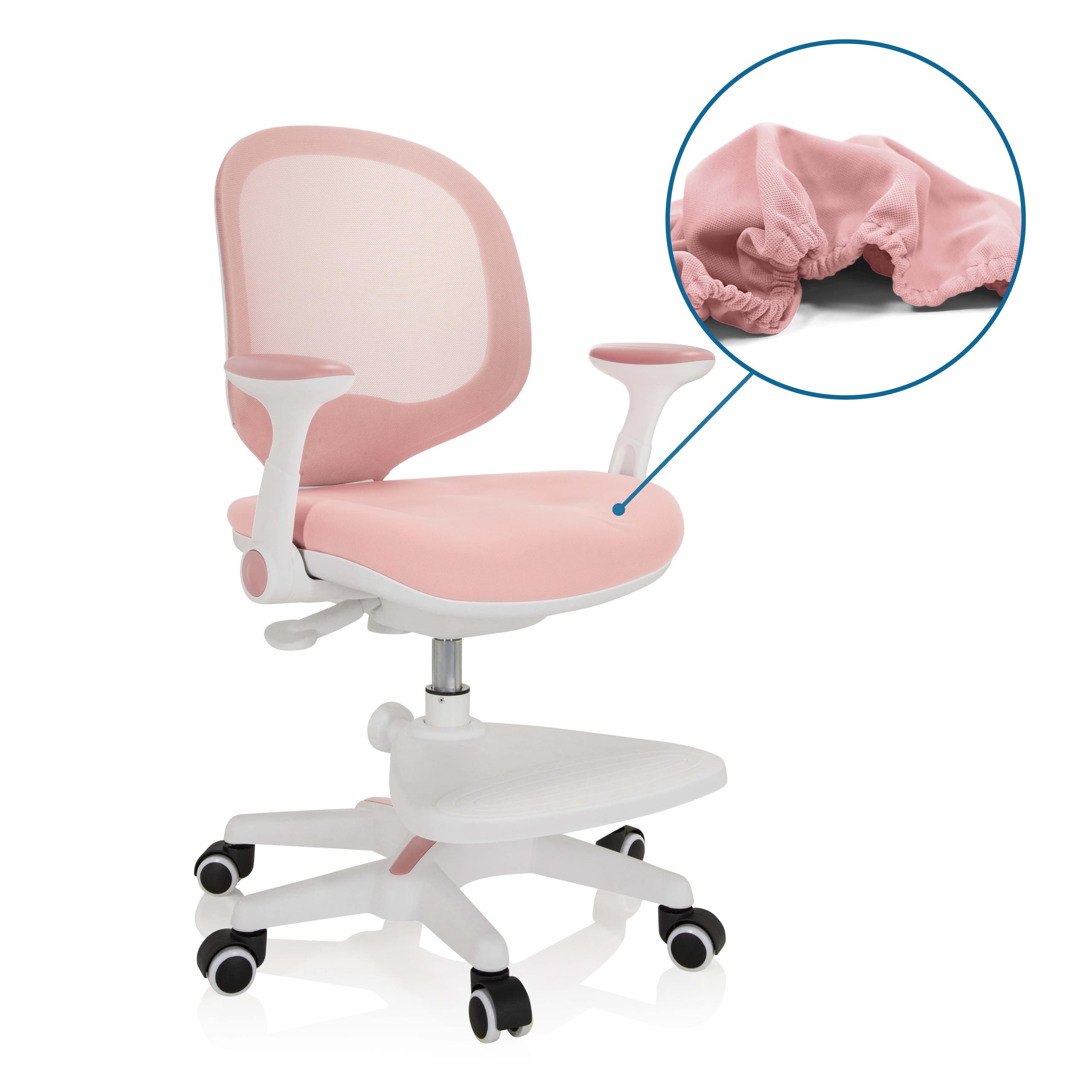 hjh OFFICE 736412 Kinder Schreibtischstuhl Kid Ergo Stoff/Netz Kinderstuhl mit Fußablage, Armlehnen klappbar, Rosa/Weiß