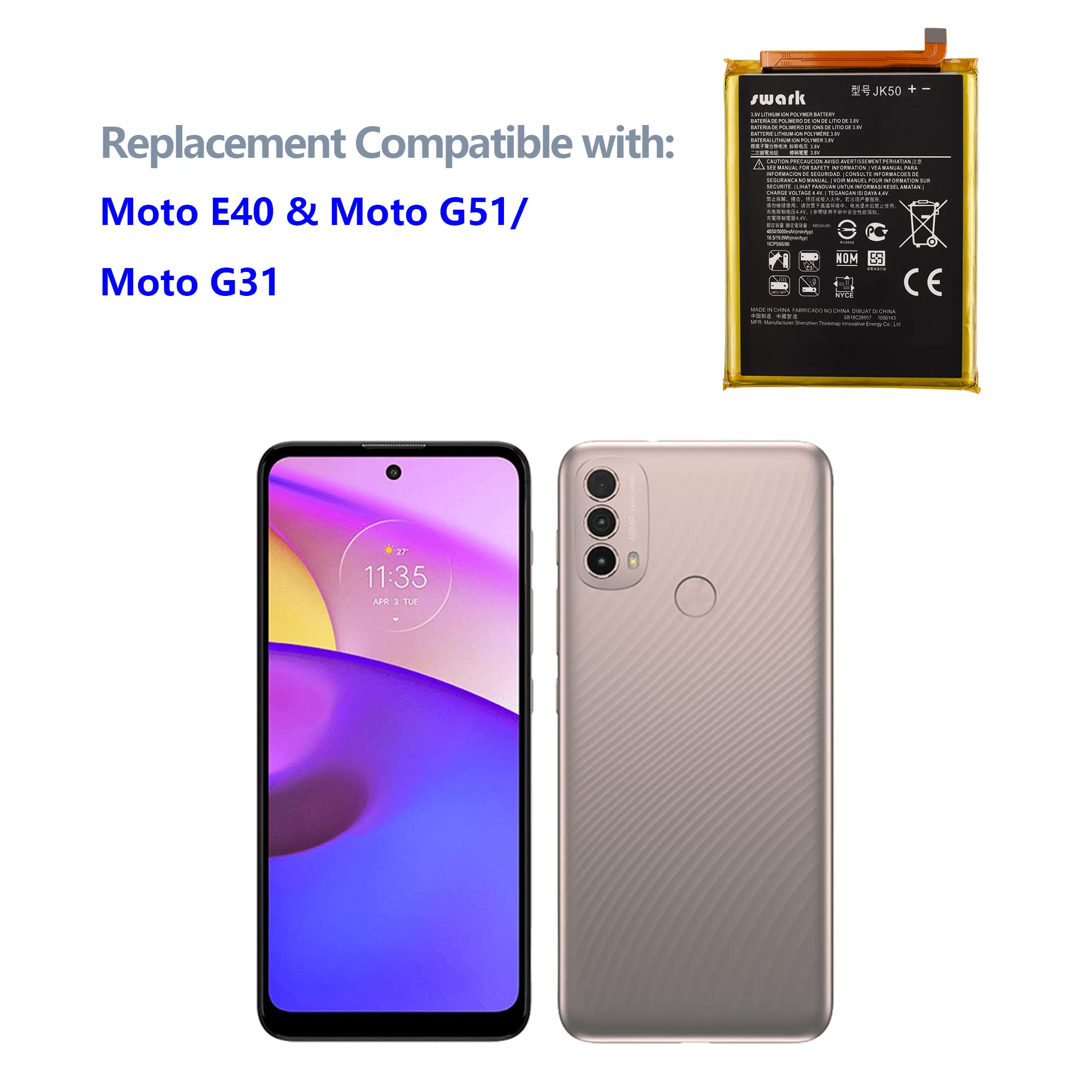 SWARK New JK50 Rechargeable Battery Compatible with Moto G 2022/Moto E40 & Moto G51 & Moto G31 & Moto G Power 2022/ G Play 2021 with Tools