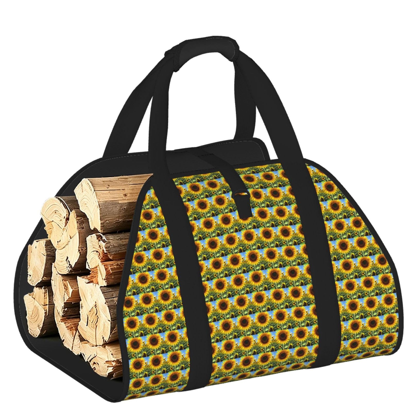 Ayyqwe Black Yellow Sunflower Print Firewood Bag Wood Waterproof Versatile Camping Picnic Storage Daily Home