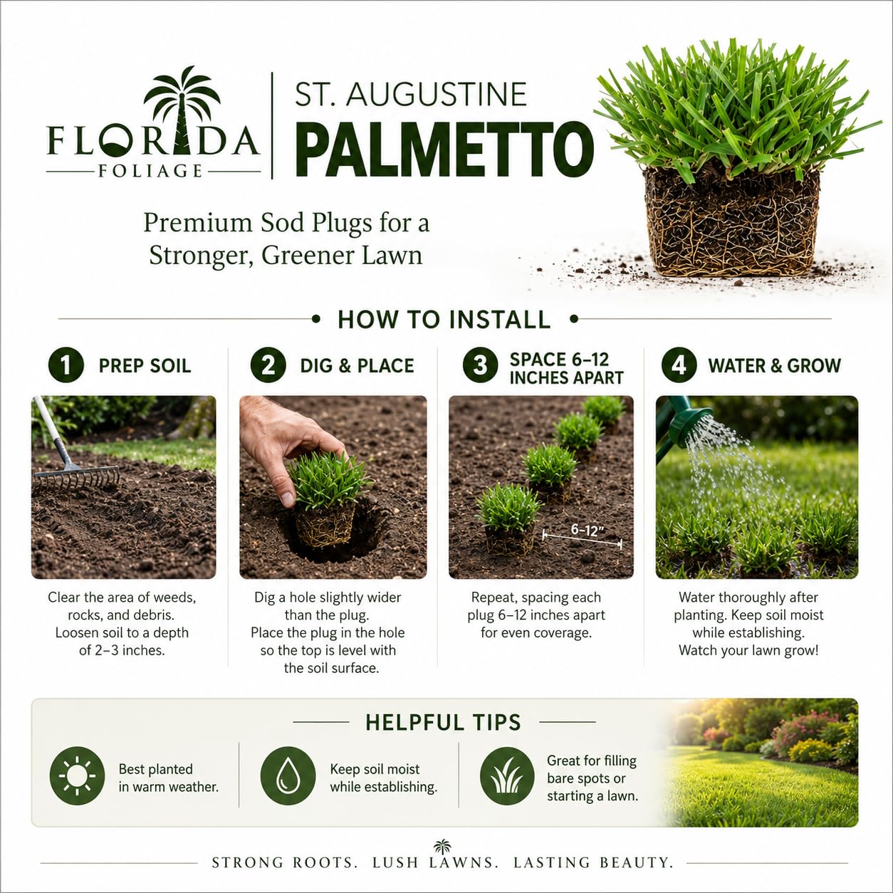 St. Augustine Palmetto | 18 tapones de césped extra grandes | Hierba de césped tolerante a la sequía, la sal y la sombra