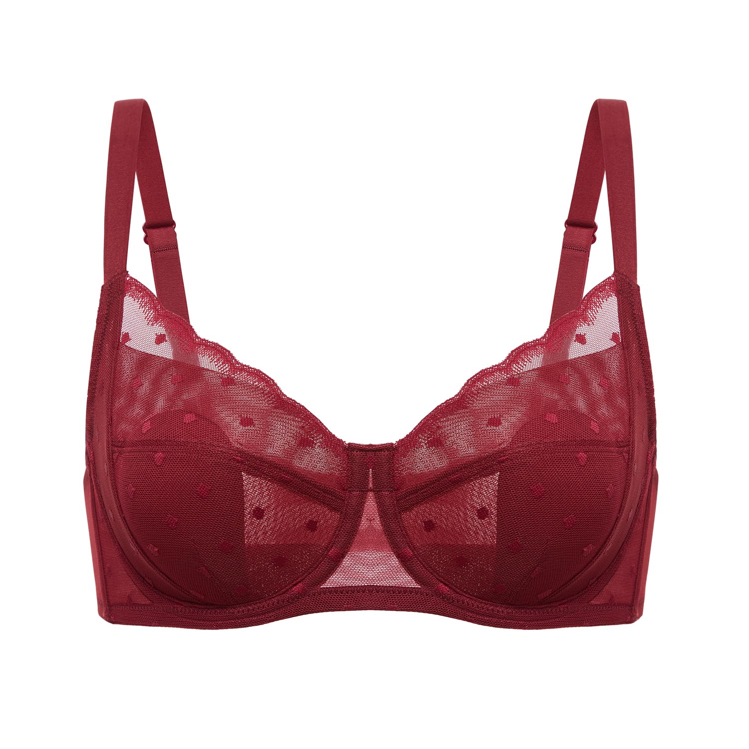 DOBREVA Women's Lace Full Coverage Bra Underwire Plus Size Minimiser Unlined No Nipple Show Mesh Bras Chinese Red 38E