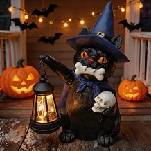 Halloween Black Cat Statue with LED Lantern Solar Cat Garden Statues Holding Skull Halloween Decorations for Outdoor Porch Yard Lawn Garden Balcony