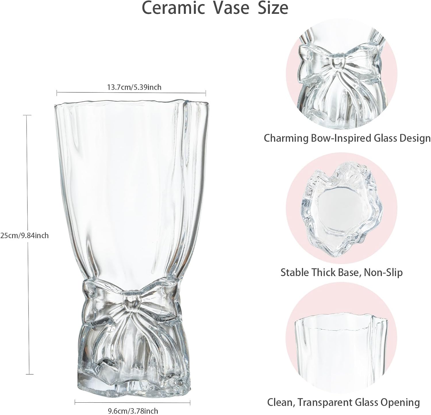 Clear Glass Bow Vase, 9.8 Inch Decorative Flower Vase with Ribbon Design, Elegant Transparent Vase for Fresh Flowers, Table, Shelf & Living Room Home Decor
