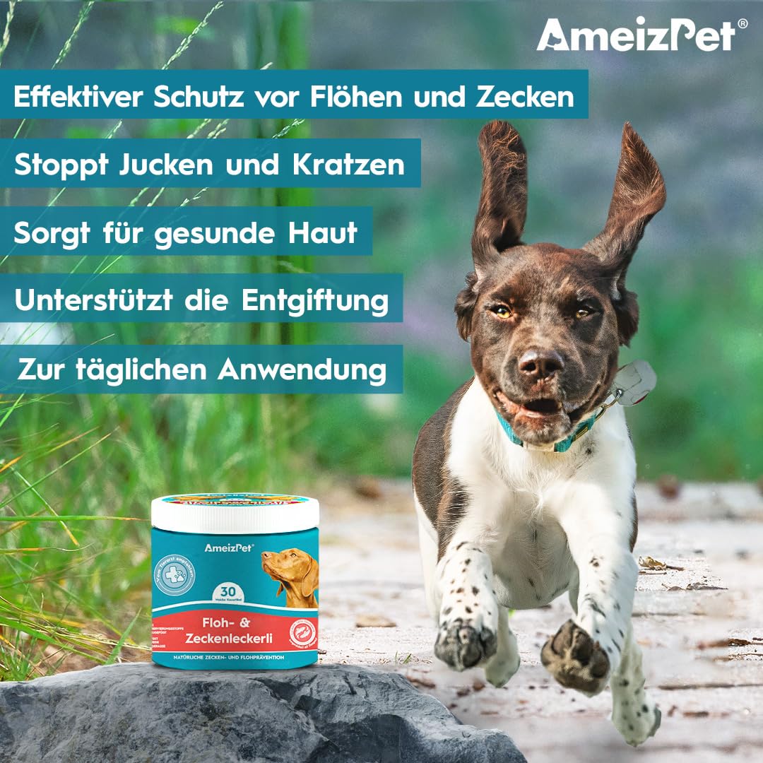 AmeizPet Floh Und Zeckenschutz Für Hunde, Zeckenschutz Hund, Anti Floh Hund Verstellbar Floh-Und Zecken Prävention, Verdauungsenzyme Für Alle Rassen Geeignet, 30 Hunde Leckerlis, 67.5g (2.3 Oz)