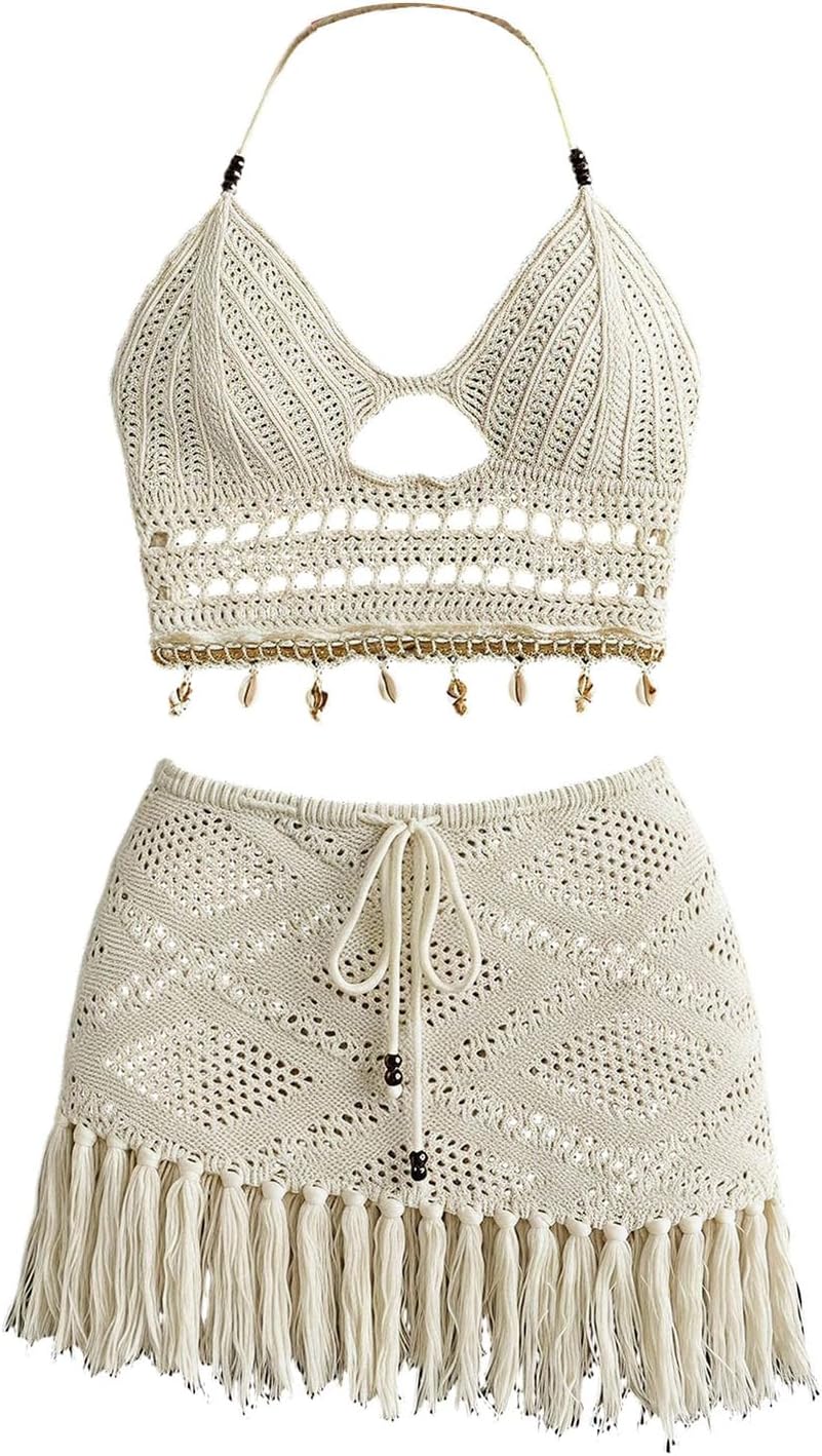 GORGLITTER Women's Crochet 2 Piece Outfit Shell Hollow Out Tie Backless Halter Top and Fringe Bodycon Mini Skirt Set