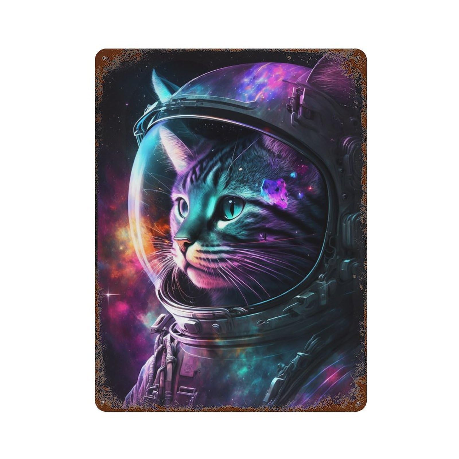 Garage Style Cosmic Cat Astronaut Helmet Aged Metal Wall Plaque 15.7"x11.8", Industrial Home Decor for Bar And Workshop