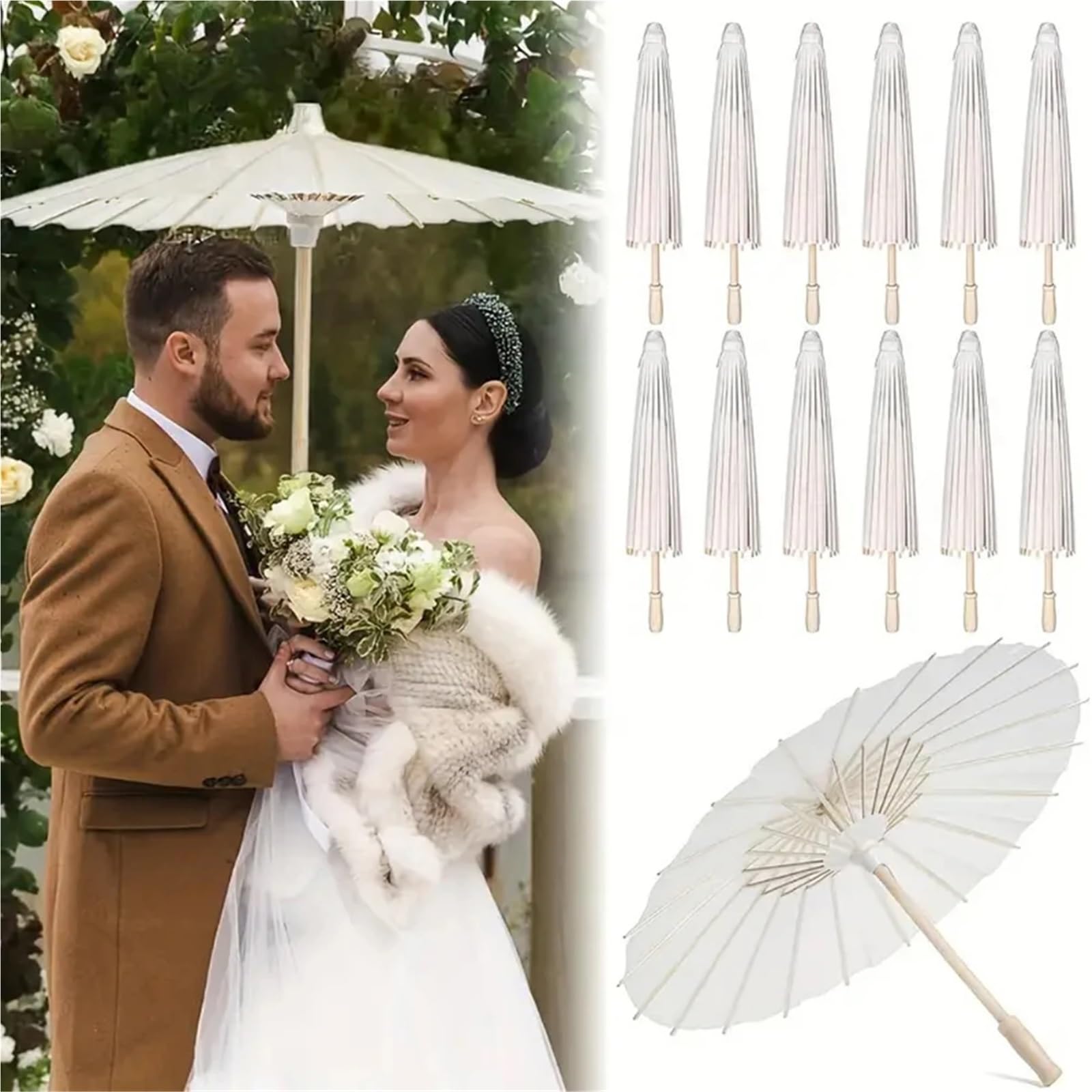 Sonnenschirm Hochzeit 1-10 STÜCKE Sonnenschirm Regenschirme Hochzeit Foto Cosplay Prop 60 cm Papier Regenschirm DIY Weißen Regenschirm Sommer Weißen Party Strand Dekor(10 pcs)