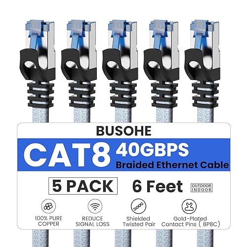 Miniatura 21 de BUSOHE Cable Ethernet Cat 8 de 8 pies 5 Pack, cable para conexión de red LAN de nailon trenzado de alta velocidad, cable plano aislado de 40 Gbps