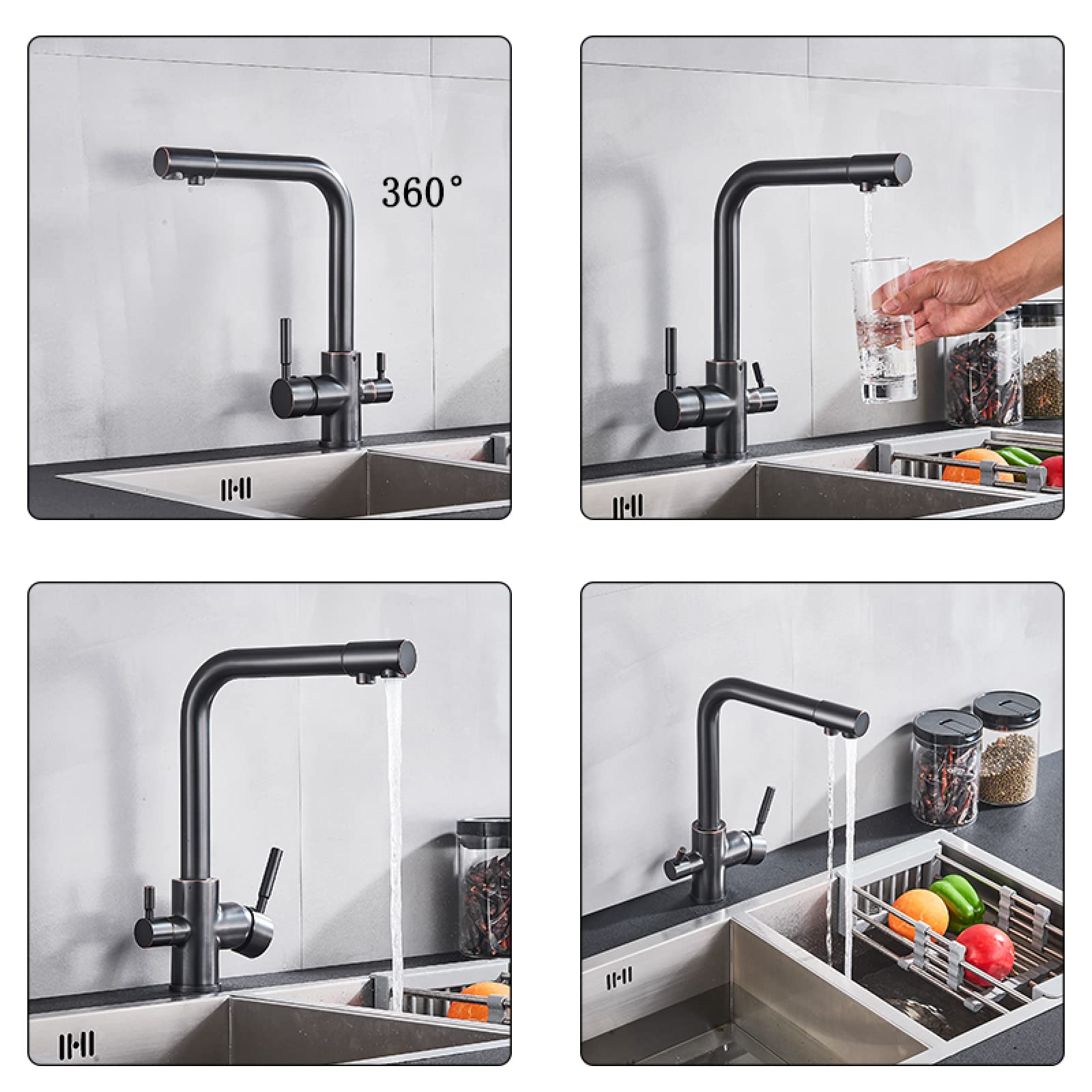 Grifo de latón blanco y negro, agua pura, cocina, doble manija, agua potable fría y caliente, filtro de 3 vías, grifos mezcladores de cocina, blanco To pursue happiness