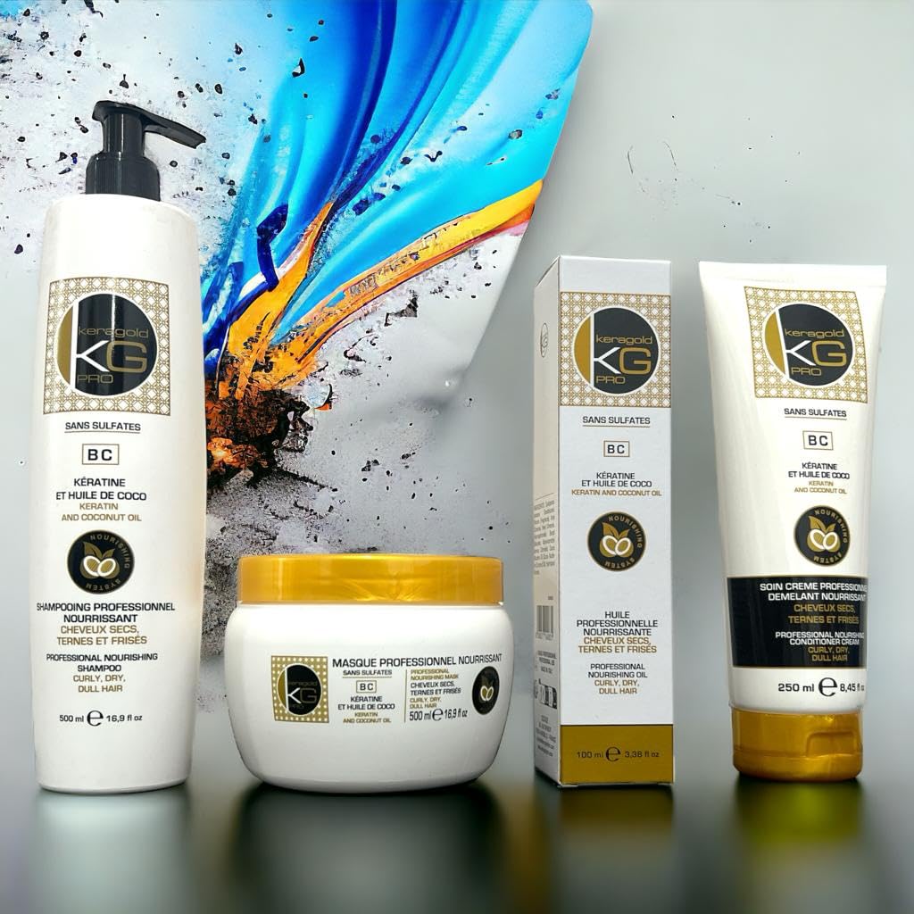 KERAGOLD PRO - Confezione Ultimate Premium 4 prodotti - Senza Solfati Shampoo 500ml + Maschera 500ml + Siero 100ml + Cura senza risciacquo (KG BC KERATINE & OLIO DI COCOCO)