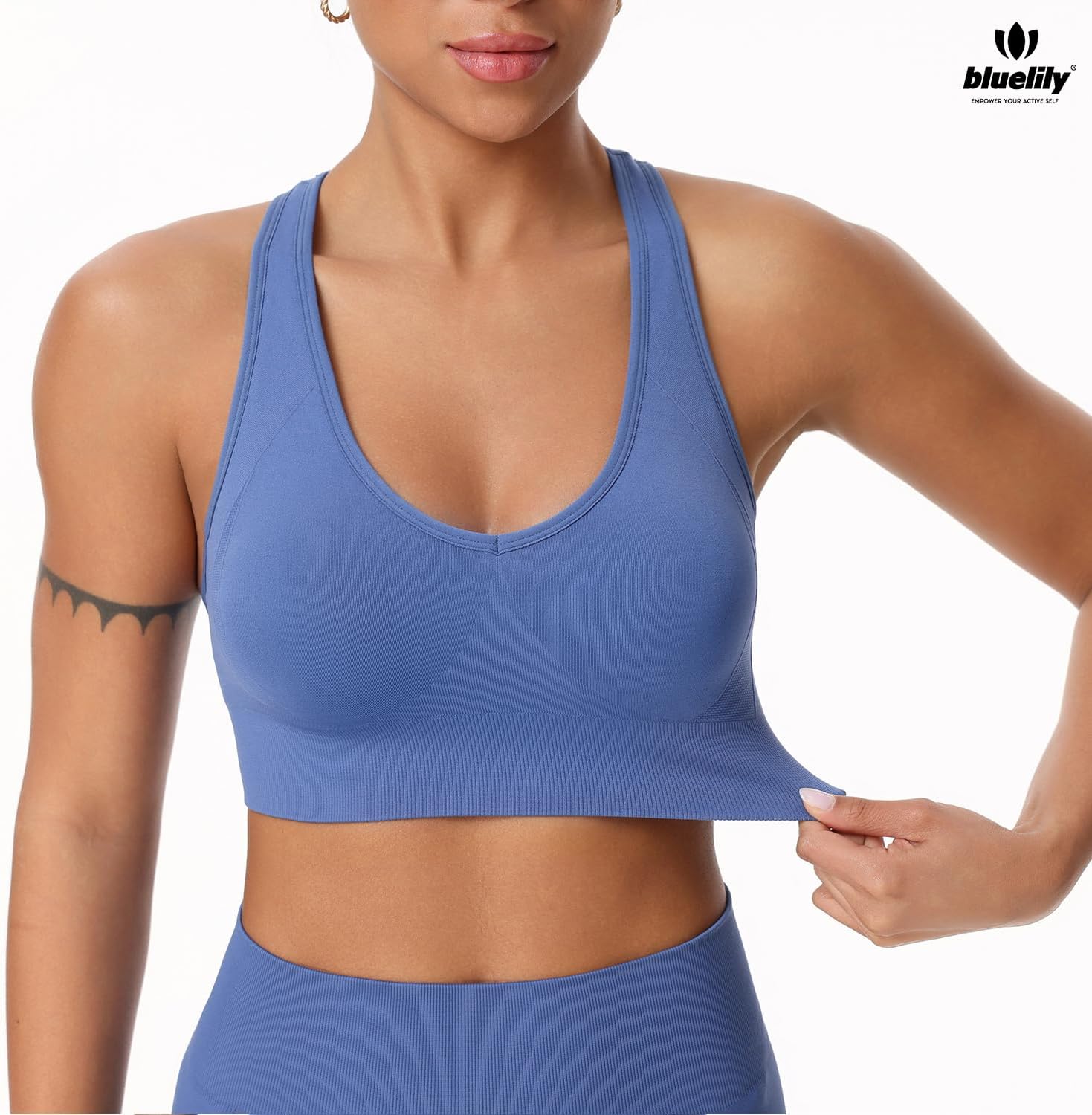 BLUELILY Women's Sports Bras 3 Pack Racerback Medium Support Bras V-Neck Padded Workout Seamless Yoga Athletic Bras - Image 2