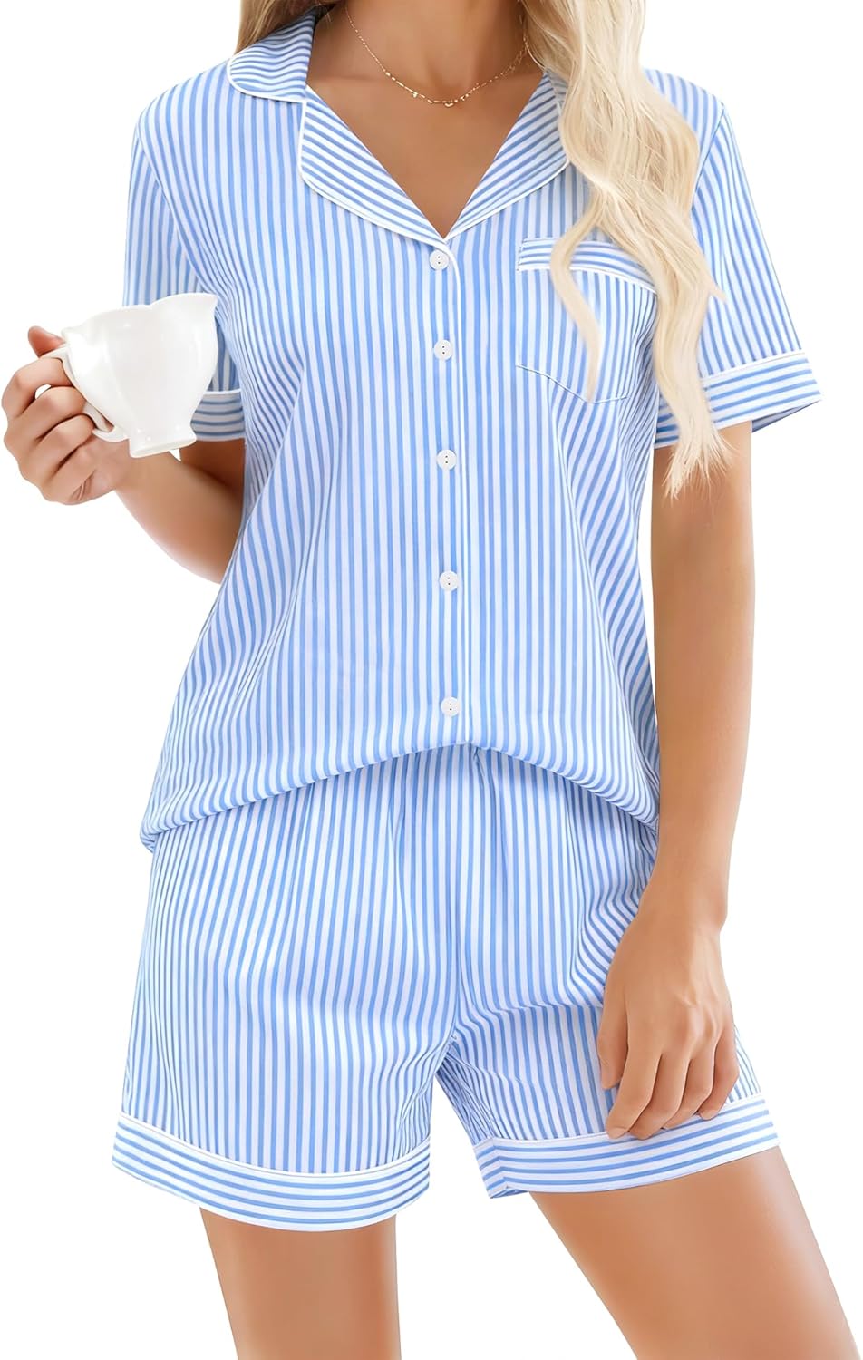 SWOMOG Women Plaid Pajama Set 100% Cotton 2 Piece Pjs Set Short Sleeve Gingham Shirts with Shorts Button Down Cute Loungewear