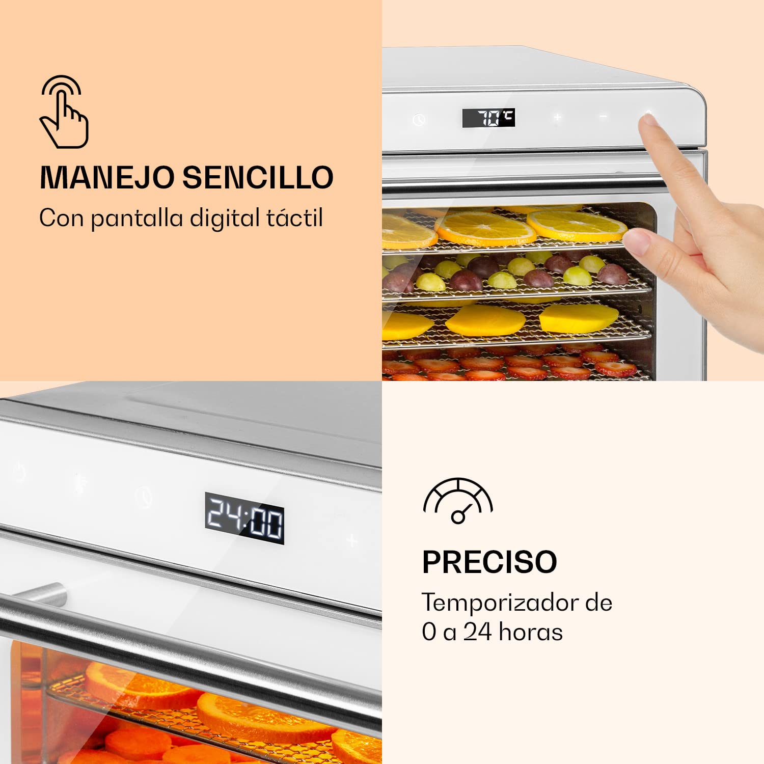 Klarstein Deshidratador de Alimentos, Deshidratadora de Frutas y Verduras 700W, 6 Rejillas, Temporizador 24 h., Deshidratadora de Alimentos para Comida Liofilizada, Liofilizadora, Control Táctil