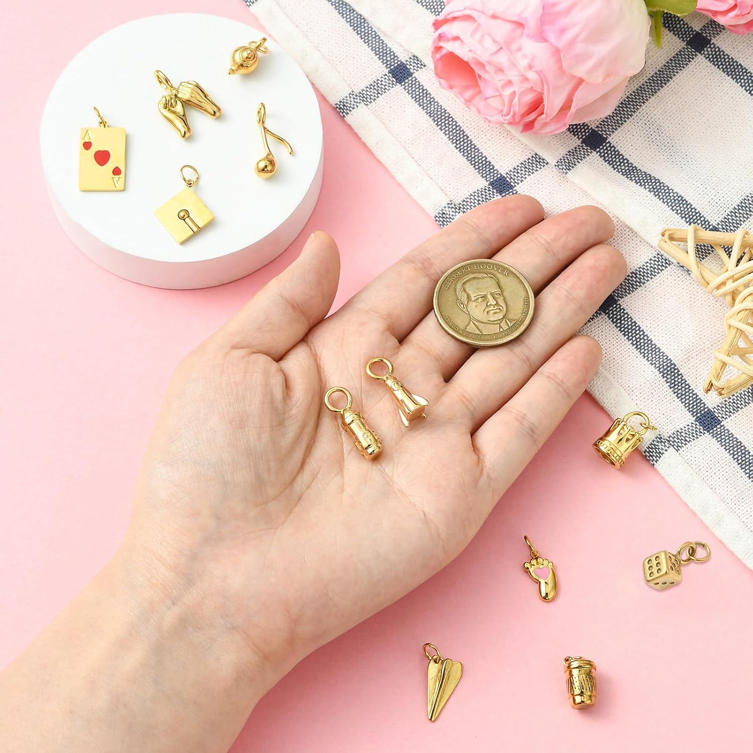 Stiesy 12 Pcs 12 Styles Everyday Life Theme Stainless Steel Enamel Mini Charms Pendants Airplane Dice Teapot Shape Gold Color Charms Bulk for DIY Earring Dangle Bracelet Jewelry Making Supplies