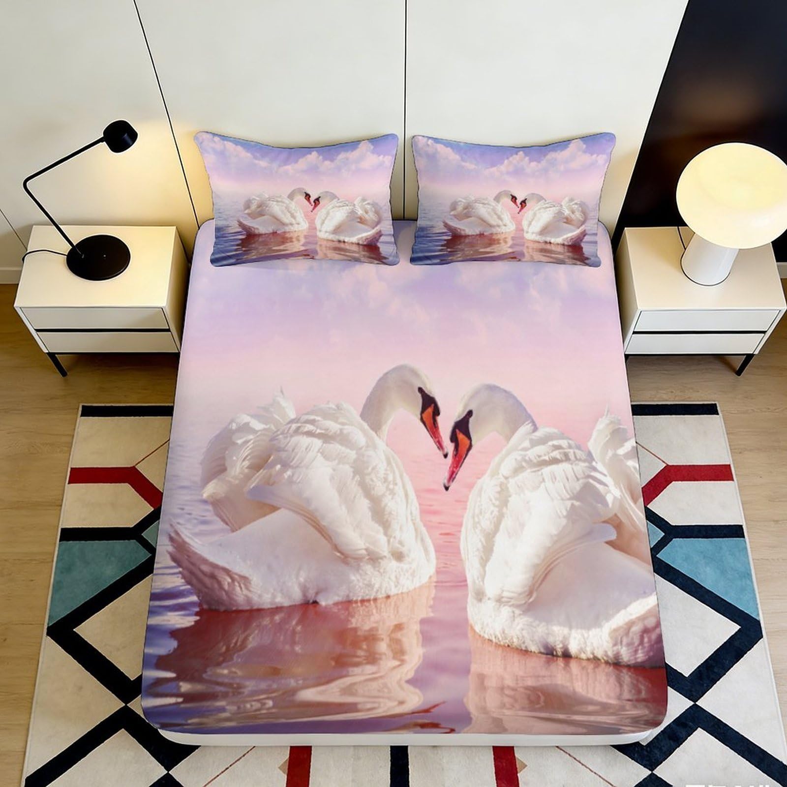 3D Printed Swan Couple Fitted Sheet Microfiber Soft Breathable Romantic Lake Bed Cover for Bedroom Dormitory Guest Room Mattress Protection Decor 200x200x25cm