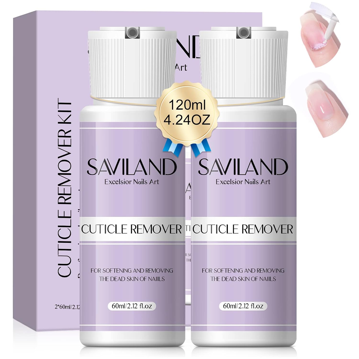 SAVILAND Cuticle Remover Set - 2 Bottles 60 ML/4.24 OZ Cuticle Remover Cream, Quick Easy Cuticle Softener & Exfoliator for Healthy Nails, Nail Care Set for Nail Salon Home DIY