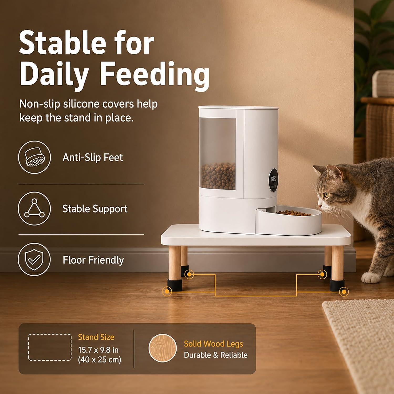 Extra-Wide Automatic Cat Food Stand, 15.7" × 9.8" Elevated Cat Feeding Station, Water-Resistant Cat Food Platform with Non-Slip Foot Pads