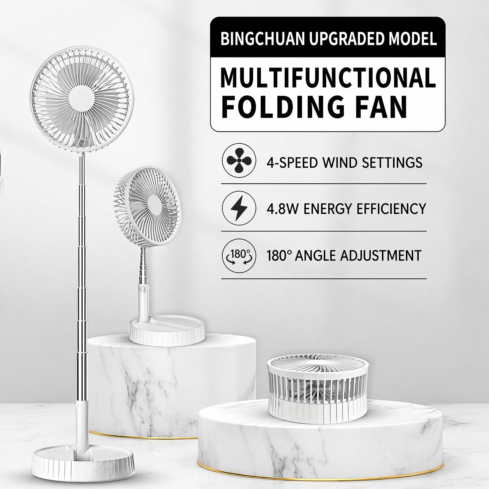 Ventilatore portatile 3 in 1, ricaricabile 7200 mAh, da terra/piedistallo/pieghevole, silenzioso, regolabile, batteria lunga durata, da viaggio e ufficio (Bianco)